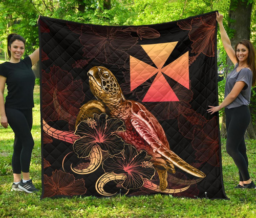 Wallis And Futuna Polynesian Premium Quilt - Turtle With Blooming Hibiscus Gold 2