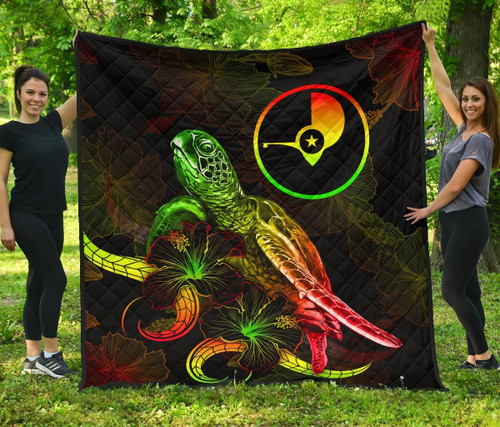 Yap Polynesian Premium Quilt - Turtle With Blooming Hibiscus Reggae 2