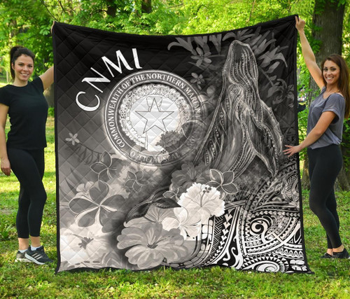 CNMI Premium Quilt - Humpback Whale with Tropical Flowers (White) 1