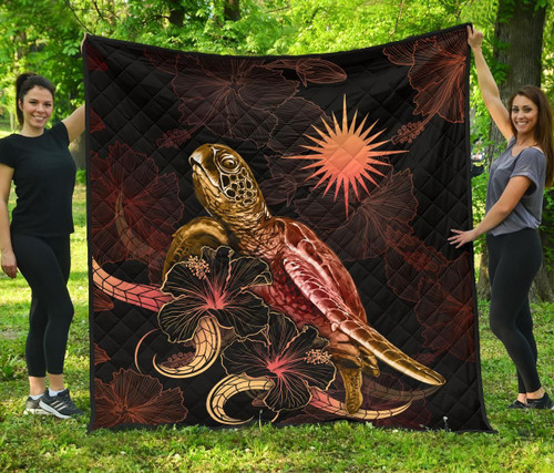 Marshall Islands Polynesian Premium Quilt - Turtle With Blooming Hibiscus Gold 2