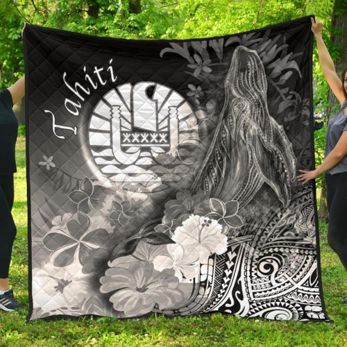 Tahiti Premium Quilt - Humpback Whale with Tropical Flowers (White) 1