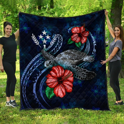 Kosrae Polynesian Premium Quilt - Blue Turtle Hibiscus 1