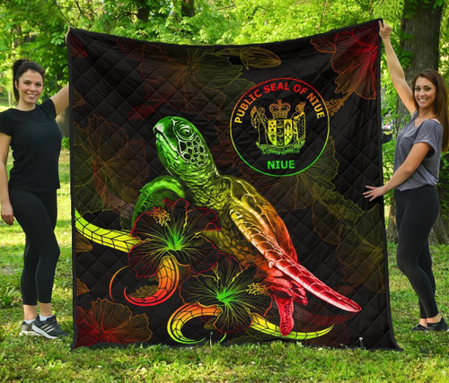 Niue Polynesian Premium Quilt - Turtle With Blooming Hibiscus Reggae 2