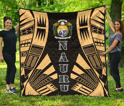 Nauru Premium Quilt - Nauru Coat Of Arms Polynesian Gold Tattoo 1