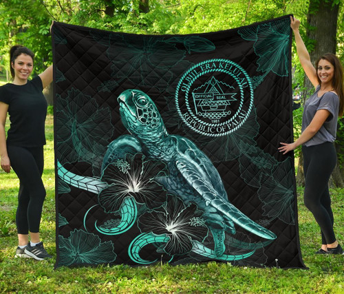 Palau Polynesian Premium Quilt - Turtle With Blooming Hibiscus Turquoise 2