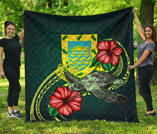 Tuvalu Polynesian Premium Quilt - Green Turtle Hibiscus 1