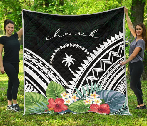 Chuuk Premium Quilt - Chuuk Coat of Arms & Polynesian Tropical Flowers White 1