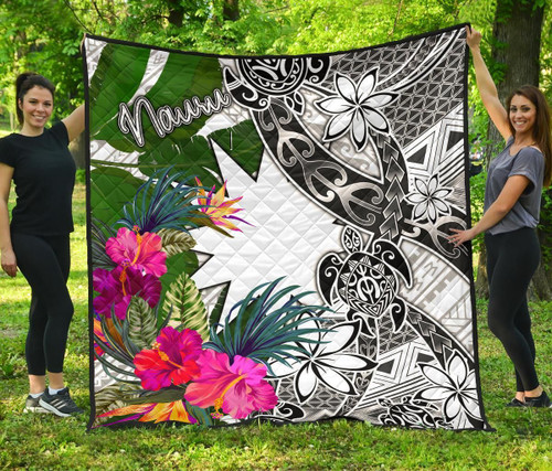 Nauru Premium Quilt White - Turtle Plumeria Banana Leaf 1