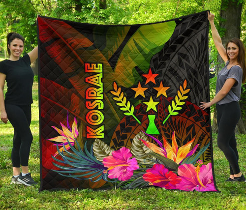 Kosrae Polynesian Premium Quilt -  Hibiscus and Banana Leaves 2
