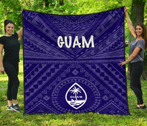 Guam Premium Quilt  - Guam Seal With Polynesian Tattoo Style (Blue) 3