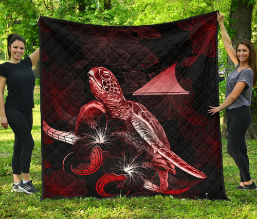 Tokelau Polynesian Premium Quilt - Turtle With Blooming Hibiscus Red 2