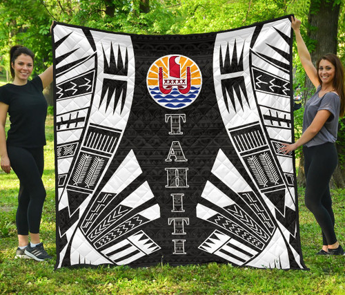 Tahiti Premium Quilt - Tahiti Flag Polynesian White Tattoo (Black) 1