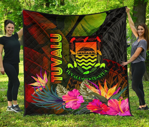 Tuvalu Polynesian Premium Quilt -  Hibiscus and Banana Leaves 2