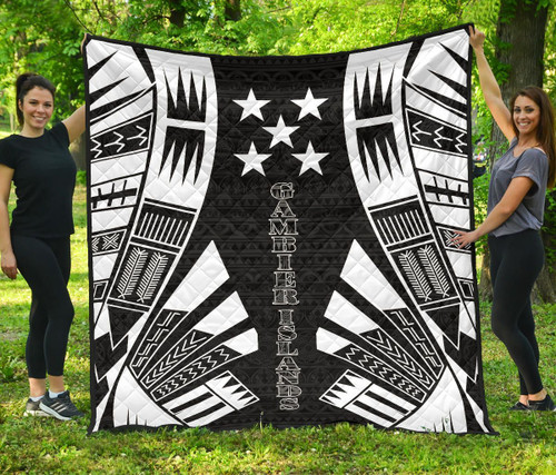 Gambier Islands Premium Quilt - Gambier Islands Flag Polynesian White Tattoo (Black) 1
