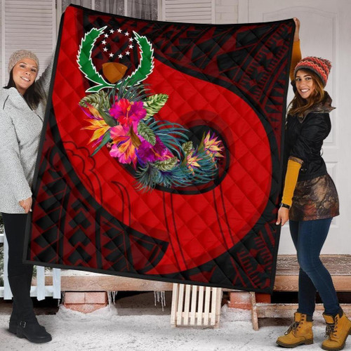 Pohnpei Premium Quilt - Polynesian Hook And Hibiscus (Red) 1