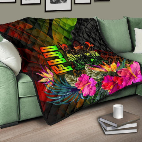 Fiji Polynesian Premium Quilt -  Hibiscus and Banana Leaves 1