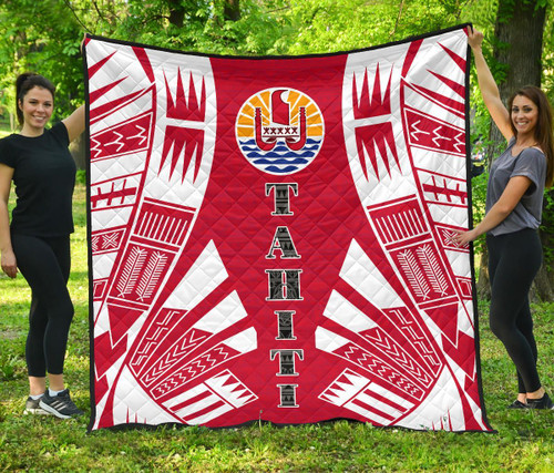 Tahiti Premium Quilt - Tahiti Flag Polynesian White Tattoo (Red) 1