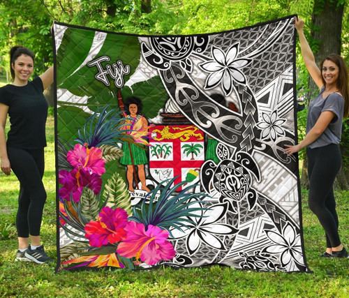 Fiji Premium Quilt White - Turtle Plumeria Banana Leaf Crest 1
