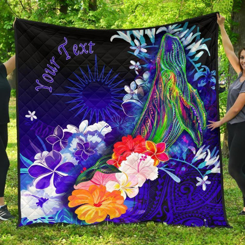 Marshall Islands Custom Personalised Premium Quilts - Humpback Whale with Tropical Flowers (Blue) 1