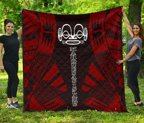 Marquesas Islands Premium Quilt - Marquesas Islands Tiki Face Polynesian Red Tattoo 1