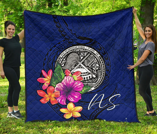 American Samoa Polynesian Premium Quilt - Floral With Seal Blue 1