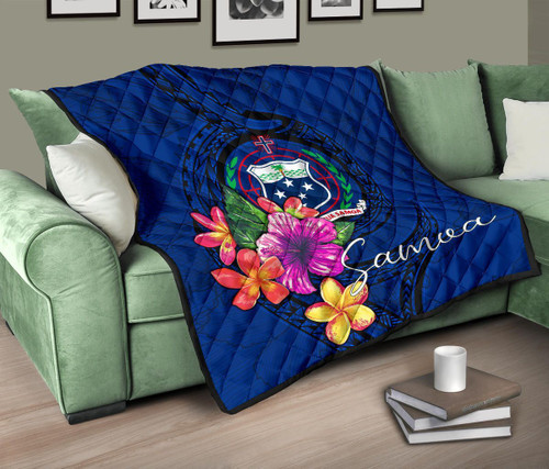 Samoa Polynesian Premium Quilt - Floral With Seal Blue 1