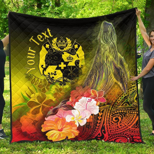 Tonga Custom Personalised Premium Quilt - Humpback Whale with Tropical Flowers (Yellow) 1