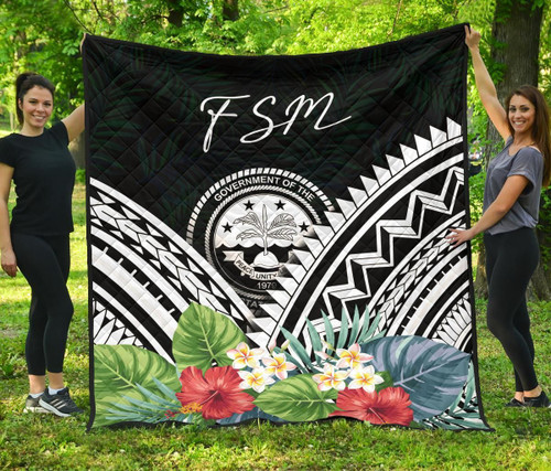 FSM Premium Quilt - FSM Coat of Arms & Polynesian Tropical Flowers White 1
