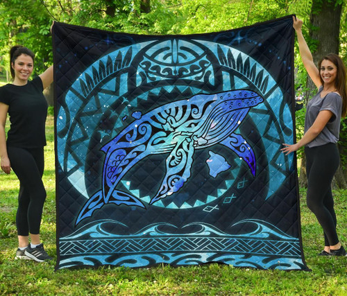 Polynesian Hawaii Premium Quilt - Whale Hawaii Map Blue Galaxy 1