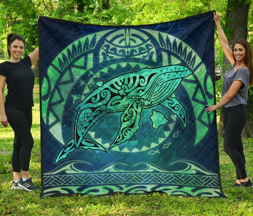 Polynesian Hawaii Premium Quilt - Whale Hawaii Map Green Galaxy 1