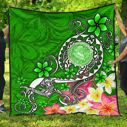 American Samoa Polynesian Premium Quilt - Turtle Plumeria (Green) 1