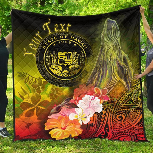 Polynesian Hawaii Custom Personalised Premium Quilt - Humpback Whale with Tropical Flowers (Yellow) 1