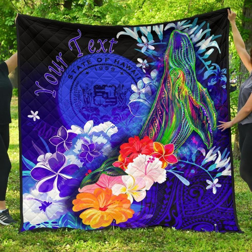 Polynesian Hawaii Custom Personalised Premium Quilt - Humpback Whale with Tropical Flowers (Blue) 1