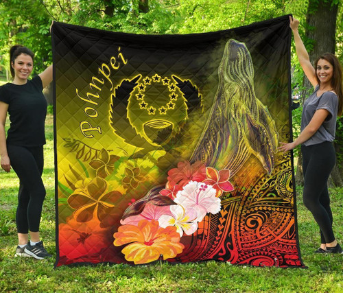 Pohnpei Premium Quilt - Humpback Whale with Tropical Flowers (Yellow) 1