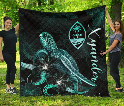Guam Polynesian Premium Quilt - Turtle With Blooming Hibiscus Turquoise (Xyander Ver) 2