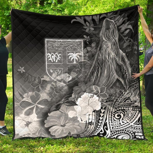 Fiji Premium Quilt - Humpback Whale with Tropical Flowers (White) 1