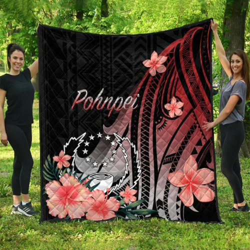 Pohnpei Premium Quilt - Red Polynesian Hibiscus Pattern Style 2