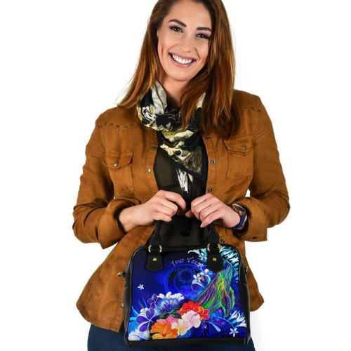 Pohnpei Custom Personalised Shoulder Handbag - Humpback Whale With Tropical Flowers (Blue) 1