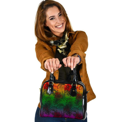 Polynesian Shoulder Handbag - Green Hibiscus Patterns 1
