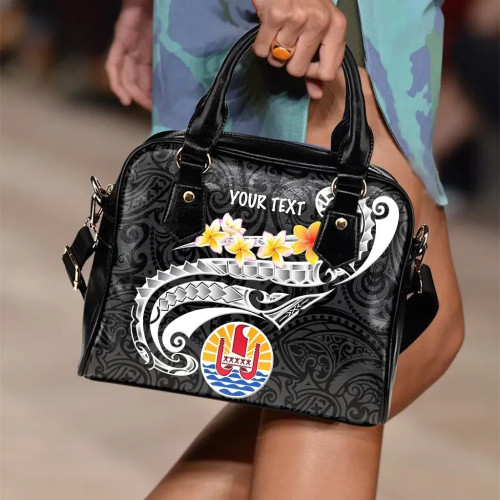 Tahiti Custom Personalised Shoulder Handbag - Tahiti Seal Polynesian Patterns Plumeria (Black) 1