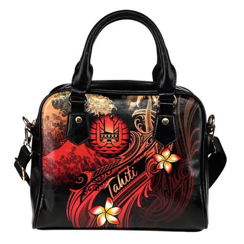 Tahiti Polynesian Shoulder Handbag - Plumeria Flowers And Waves 1