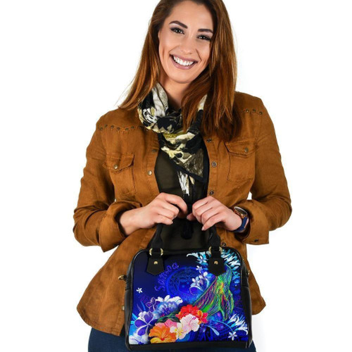Samoa Shoulder Handbag - Humpback Whale With Tropical Flowers (Blue) 1