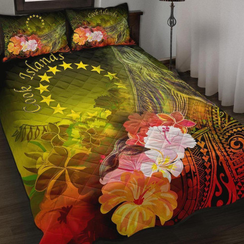 Cook Islands Quilt Bed Set - Humpback Whale with Tropical Flowers (Yellow) 1