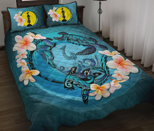 New Caledonia Polynesian Quilt Bed Set - Blue Plumeria Animal Tattoo 1