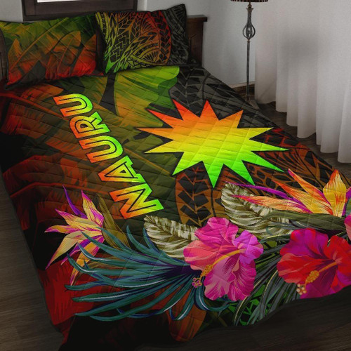 Nauru Polynesian Quilt Bed Set - Hibiscus and Banana Leaves 1