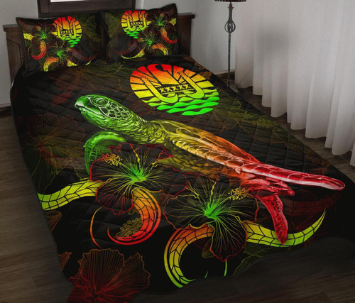 Tahiti Polynesian Quilt Bed Set - Turtle With Blooming Hibiscus Reggae 1