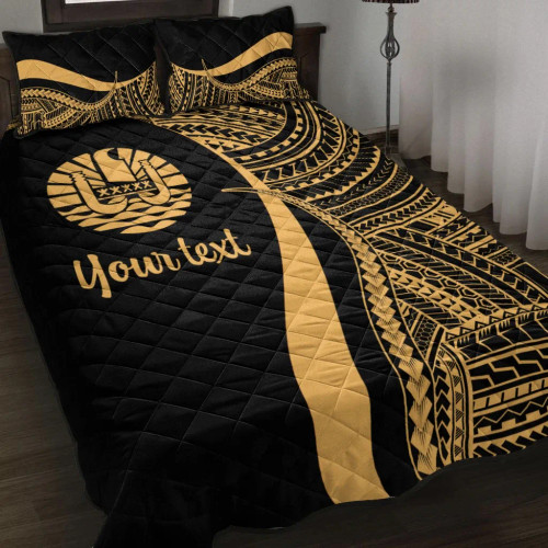 Tahiti Custom Personalised Quilt Bet Set - Gold Polynesian Tentacle Tribal Pattern 1