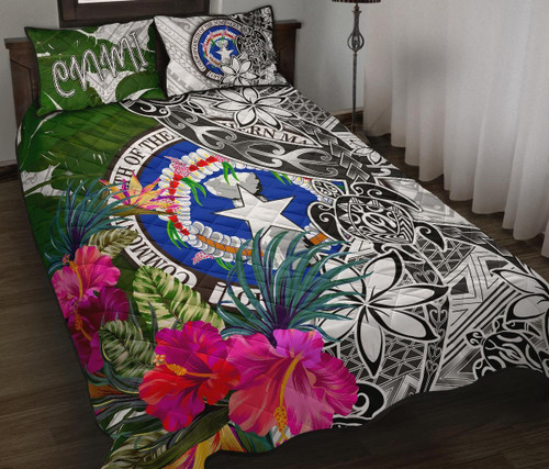 Northern Mariana Islands Quilt Bed Set White - Turtle Plumeria Banana Leaf 1