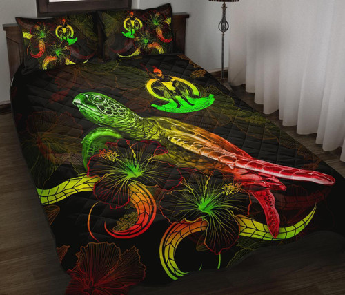 Vanuatu Polynesian Quilt Bed Set - Turtle With Blooming Hibiscus Reggae 1