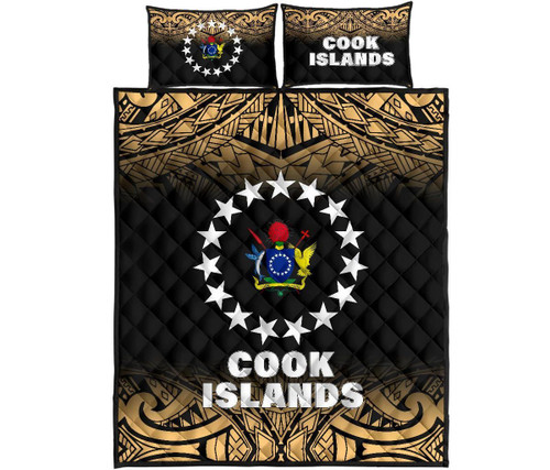 Cook Islands Quilt Bed Set - Cook Islands Flag Coat Of Arms Polynesian Tattoo Black Fog Style 1